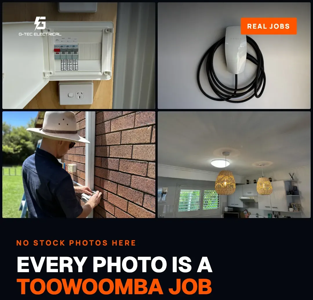 A G-TEC Electrical Meta ad made from photos of real Toowoomba jobs: a switchboard, a wall-mounted EV charger, Glenn working on an outside wall, and a kitchen with new pendant lights.