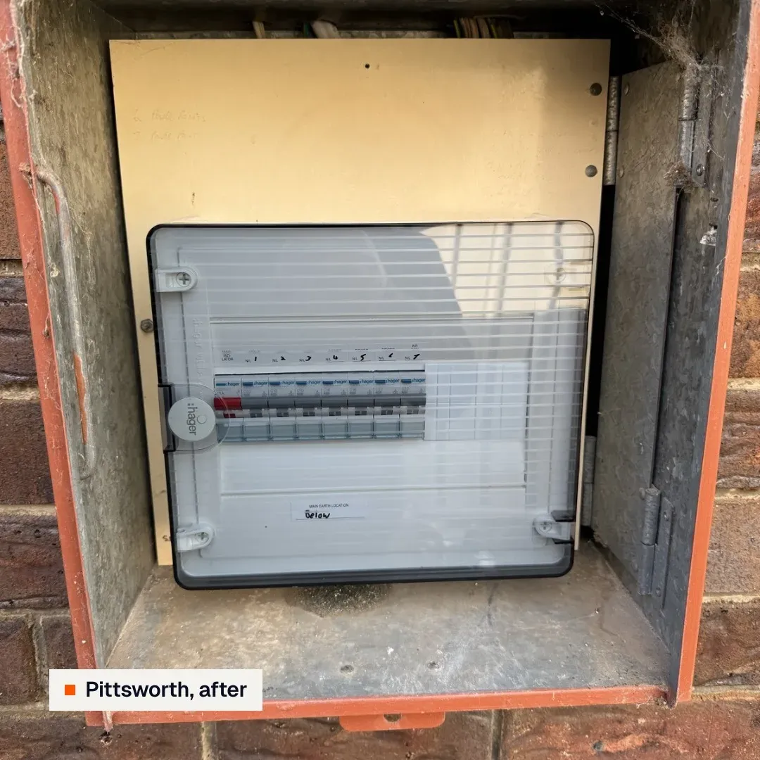 A G-TEC Electrical Google Business Profile post: a new switchboard fitted in an old brick meter box in Pittsworth.