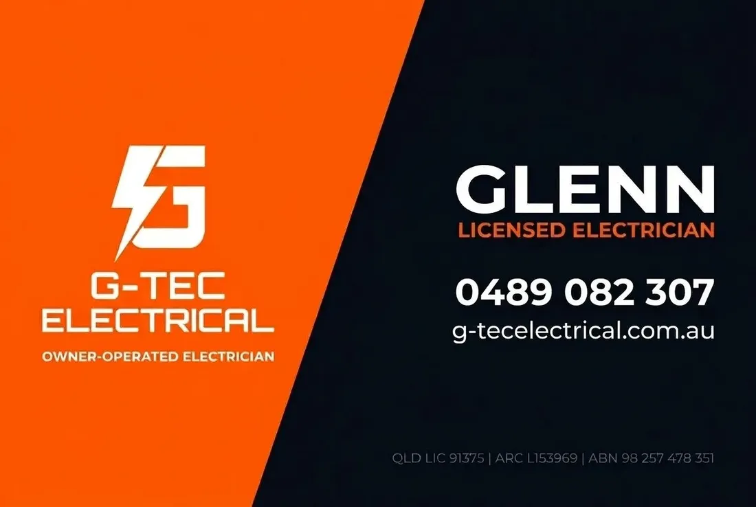 The front of a G-TEC Electrical business card: the lightning-bolt G logo on orange, and Glenn's name and title on navy.