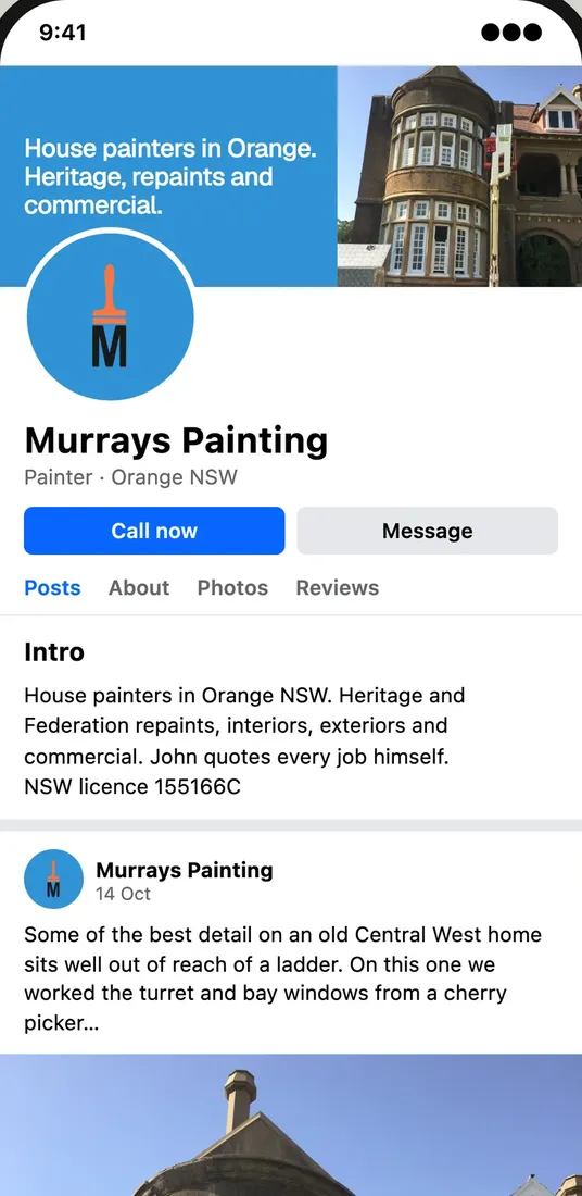 The Murrays Painting Facebook page on a phone: a heritage house with a turret on the cover, the paintbrush logo, the intro, and a post about painting a turret from a cherry picker.