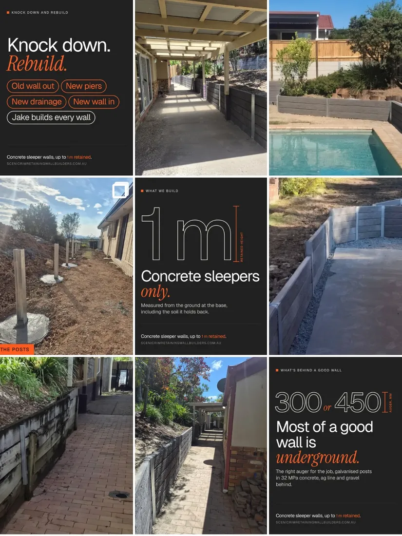 The Scenic Rim Retaining Wall Builders Instagram grid: photos of concrete sleeper walls on real jobs, from posts set in concrete to finished walls beside a pool and along side paths, between dark posts in orange and white type.