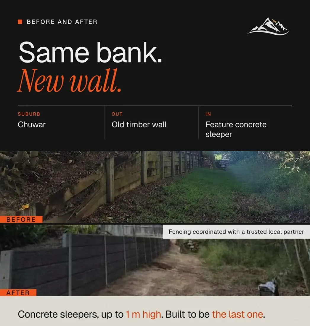 A Scenic Rim Retaining Wall Builders before-and-after Meta ad from a job in Chuwar: a leaning old timber wall, then the same bank with a new charcoal concrete sleeper wall.