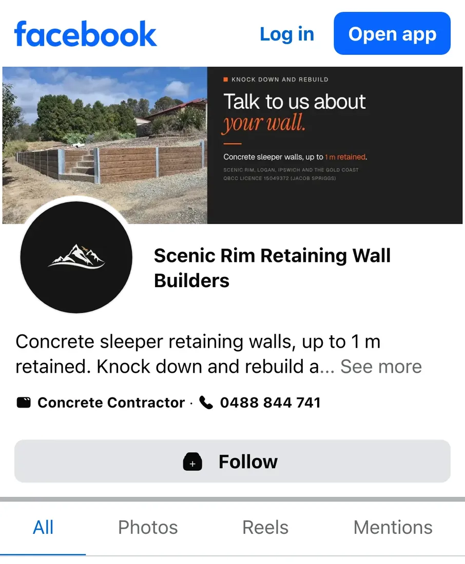 The Scenic Rim Retaining Wall Builders Facebook page on a phone: a finished wall on the cover beside an invitation to talk about your wall, the mountain logo and the intro.