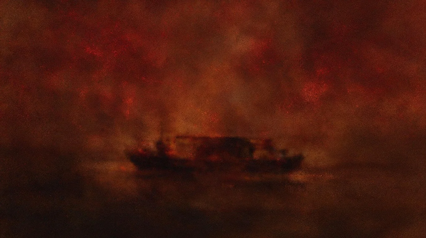 Abstract plate, something sitting far too low in still rust-coloured water