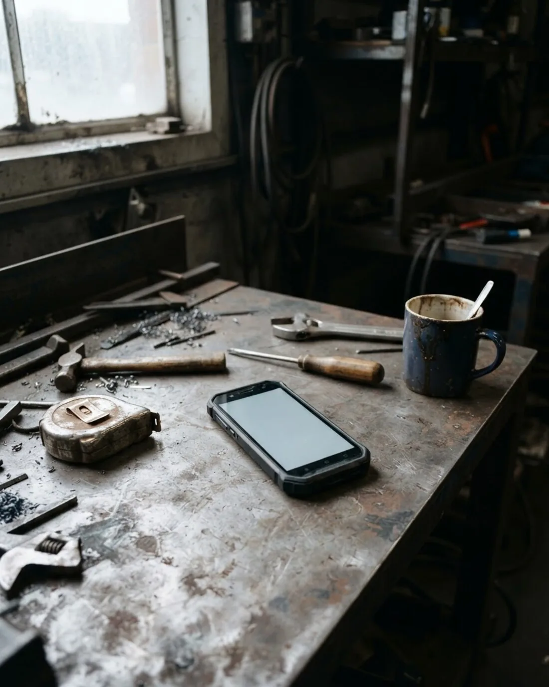 A phone lying face up on a steel workbench in a workshop
