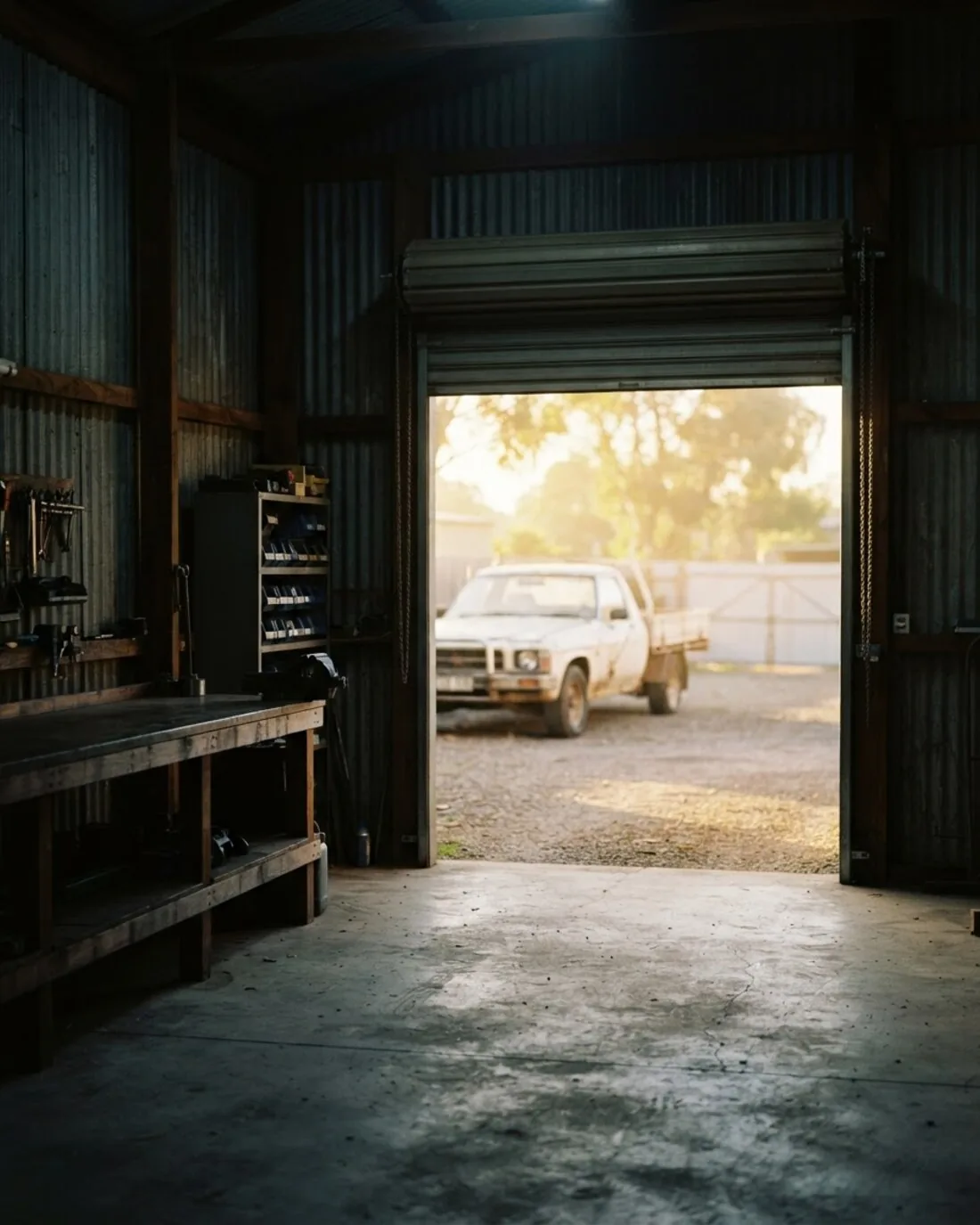 A workshop roller door half open onto a ute in the yard at golden hour