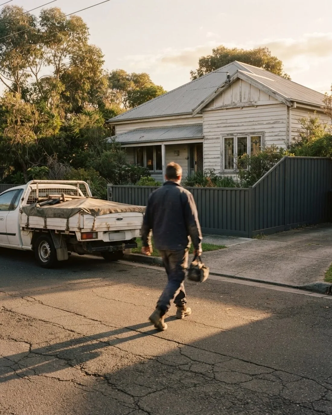 A tradesperson walking back to their ute on a Melbourne street at golden hour