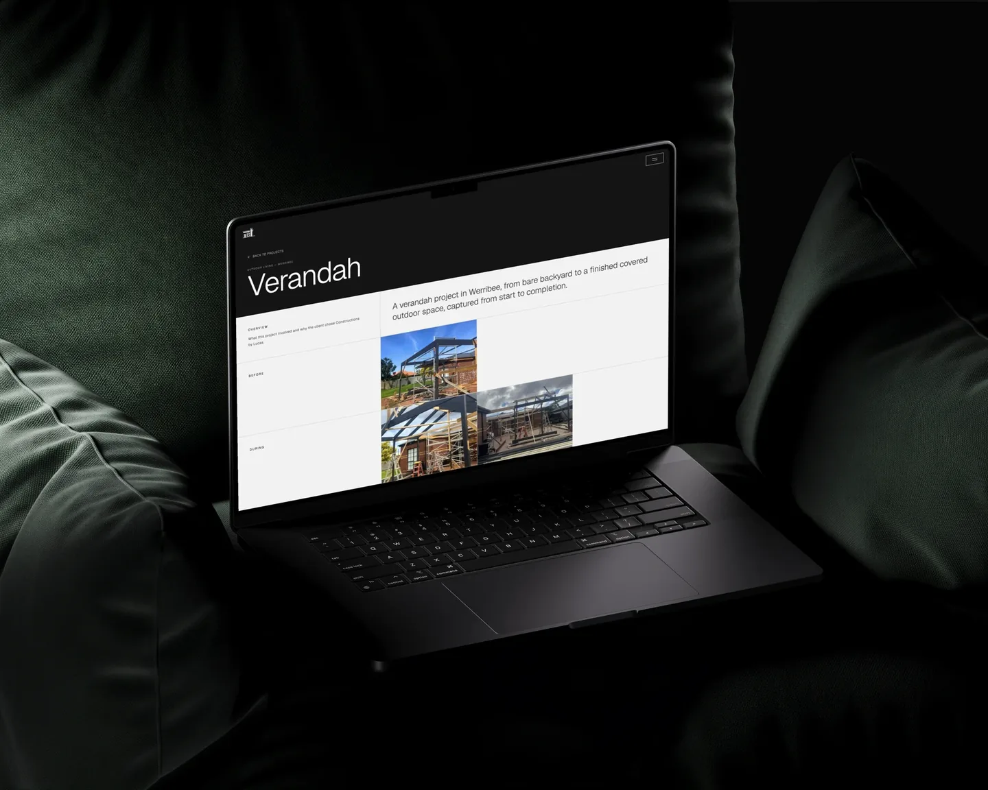 Constructions by Lucas's Verandah project page on a laptop, with build photos from the Werribee job