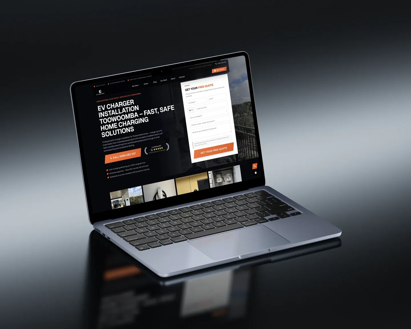 G-TEC Electrical's EV charger installation page on a laptop, with a quote form beside the headline