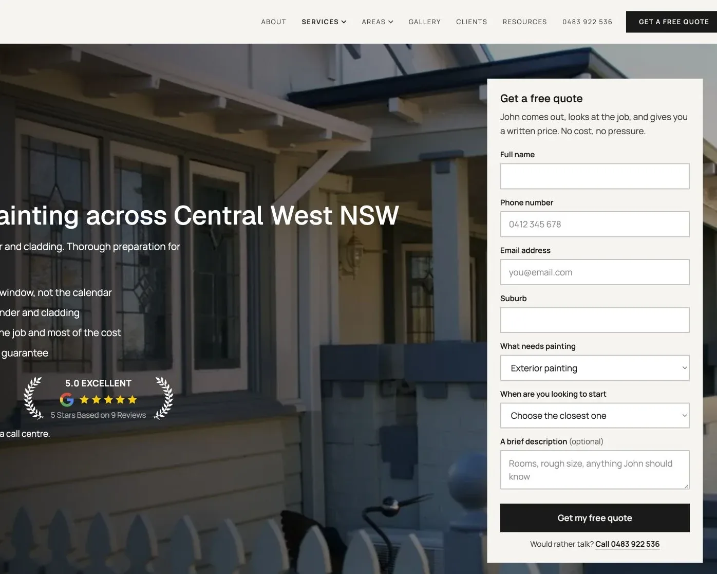 Murrays Painting's exterior painting page, with the Google rating badge beside the quote form