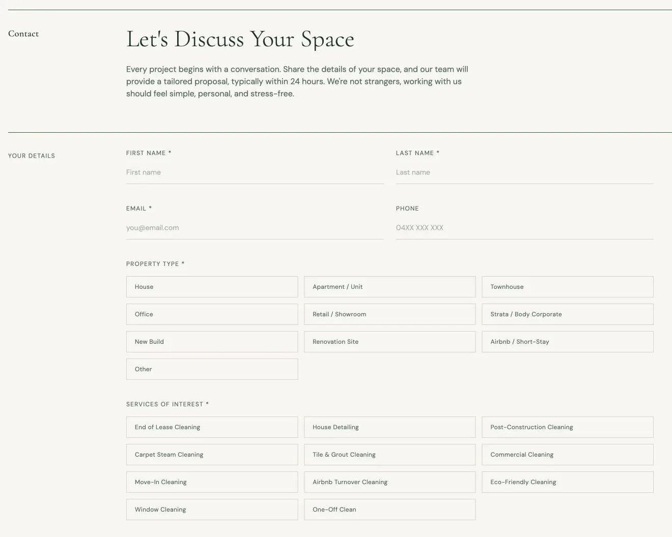 Nusara Cleaning Co's enquiry form, asking for the property type and the services needed