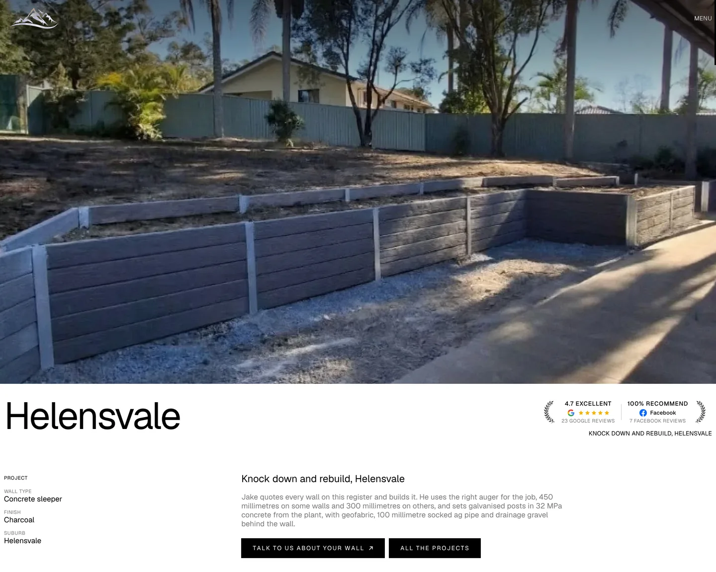 Scenic Rim's Helensvale project page, a finished charcoal concrete sleeper wall above the project details