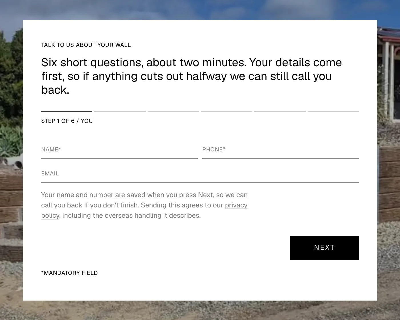Step 1 of 6 of Scenic Rim's quote form, asking for a name and phone number first