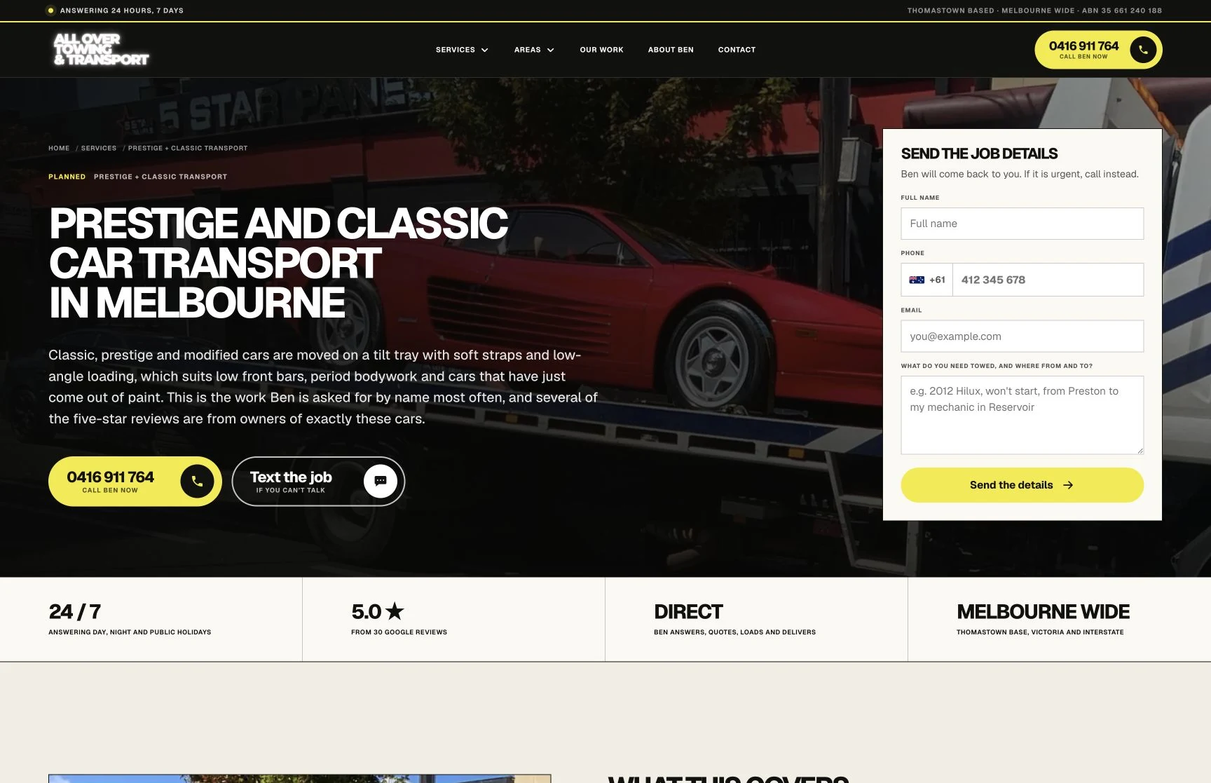 Prestige and classic car transport, captured from the client website