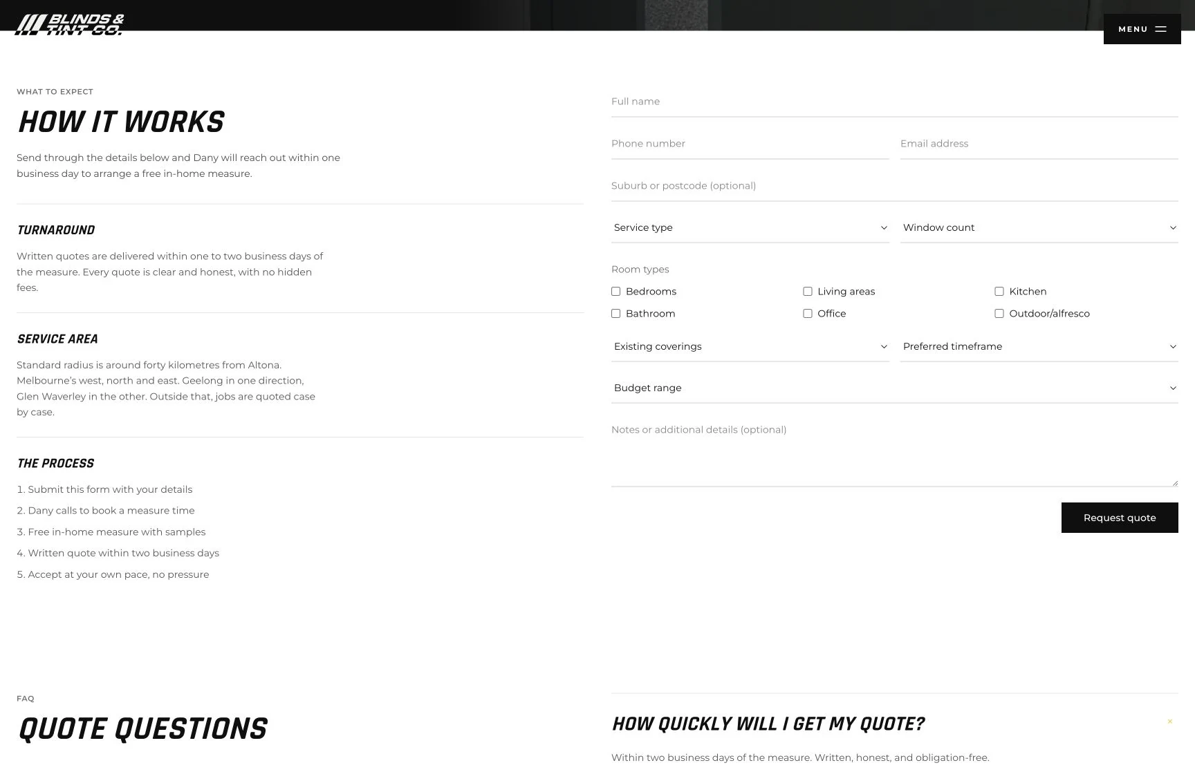 Window covering quote, captured from the client website