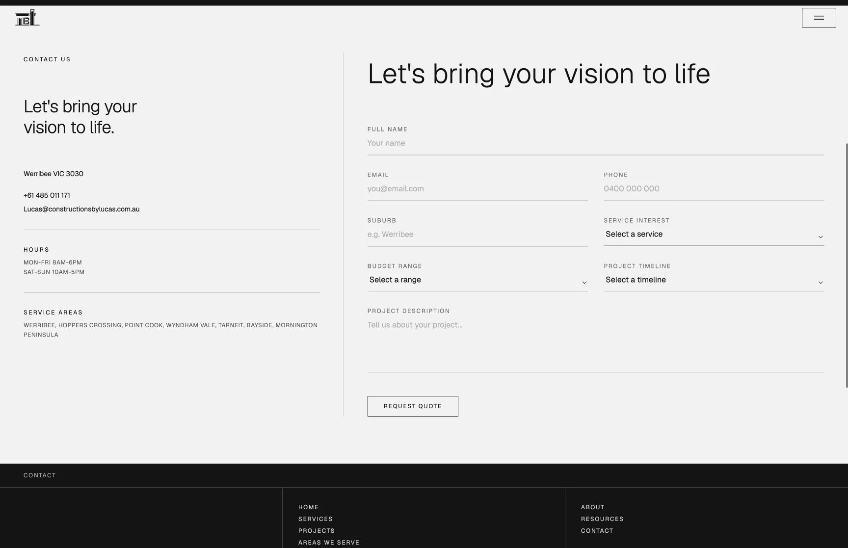 Project enquiry, captured from the client website