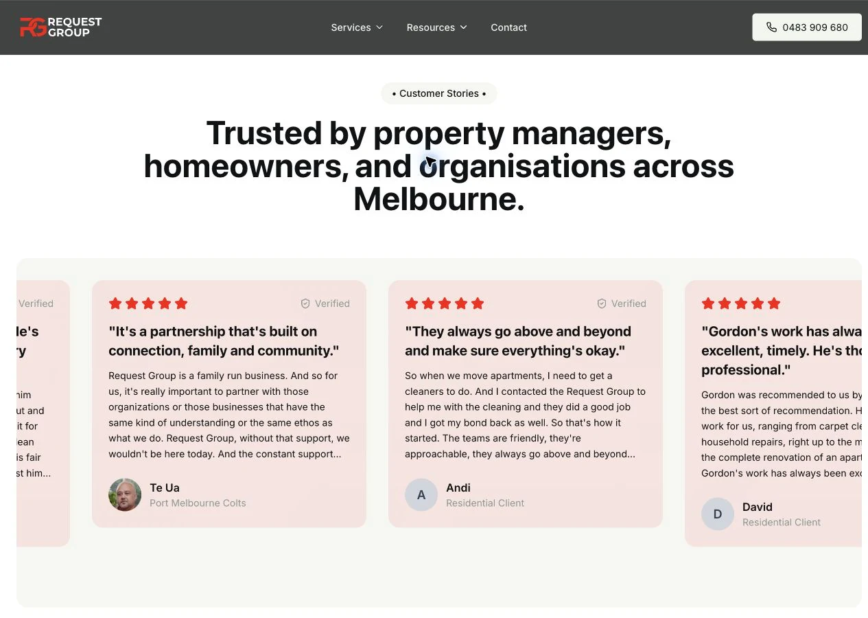 Customer stories, captured from the client website
