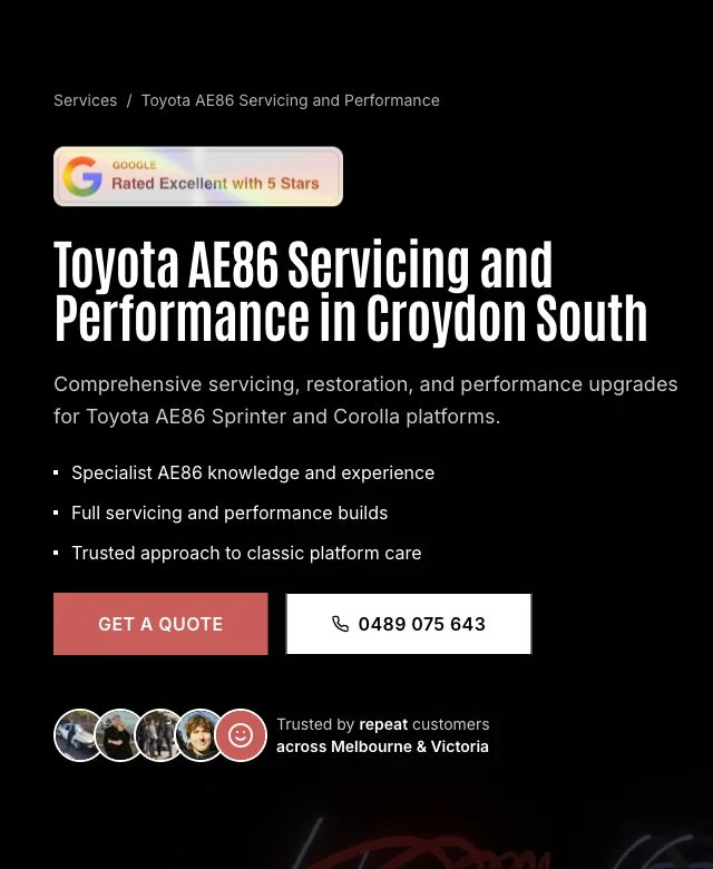 AE86 servicing and performance, captured from the client website