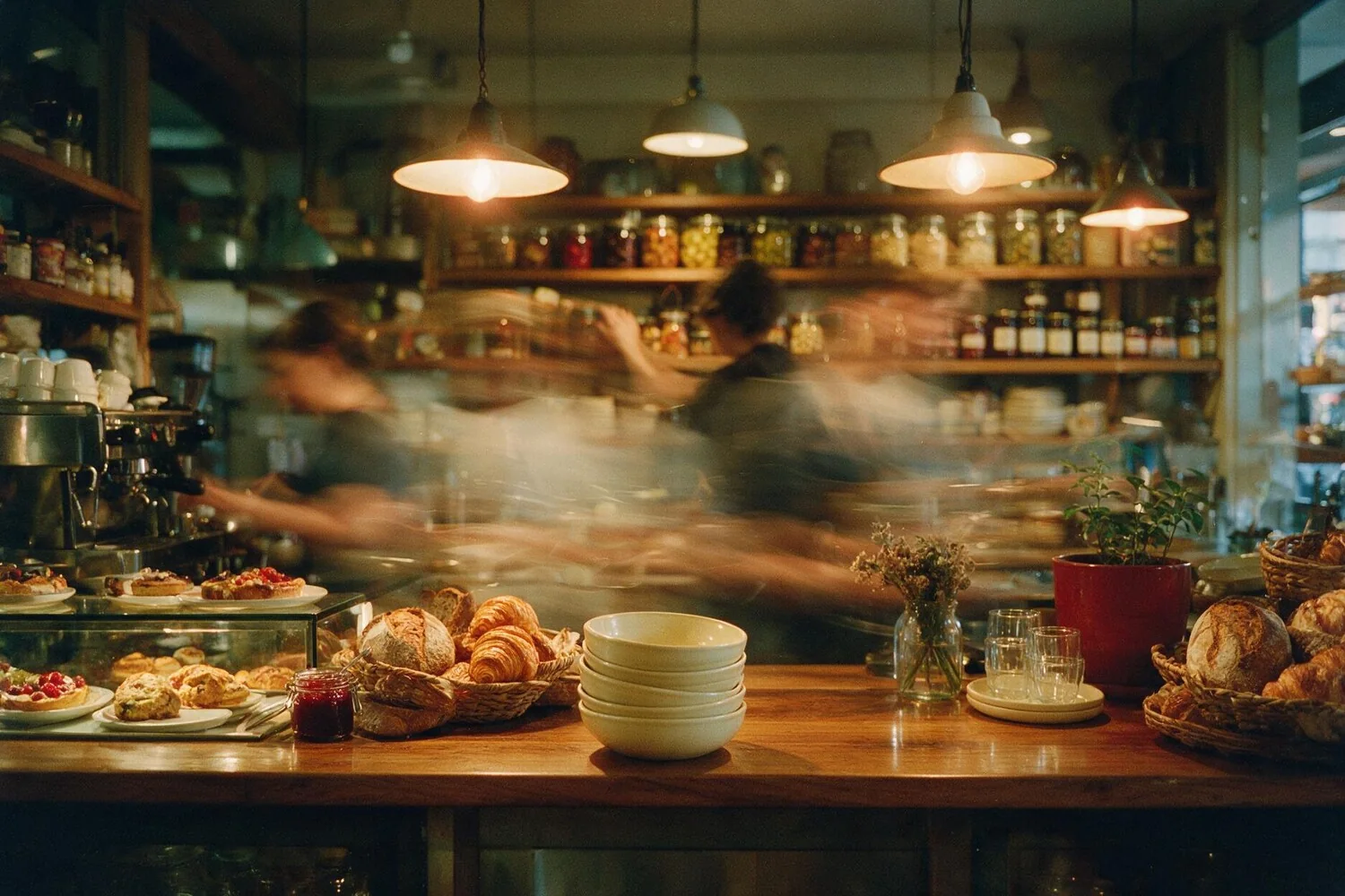 A provedore counter at service, staff blurred behind the bench