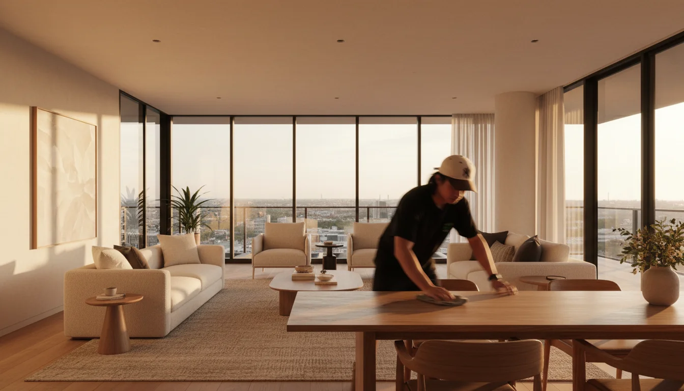 A cleaner wiping down a dining table in an apartment at golden hour