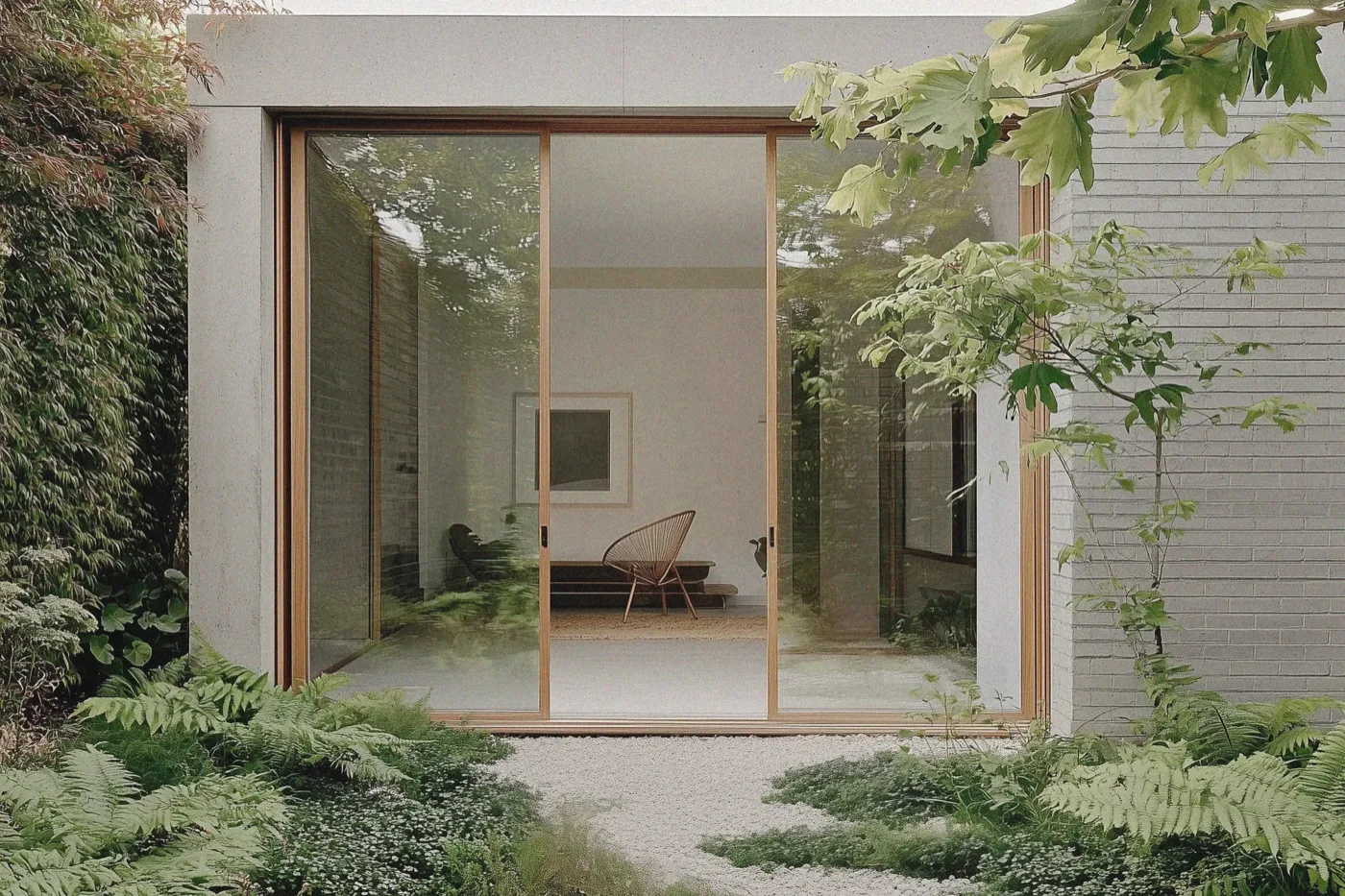 A Studio Sown courtyard, ferns and gravel at a glazed garden room