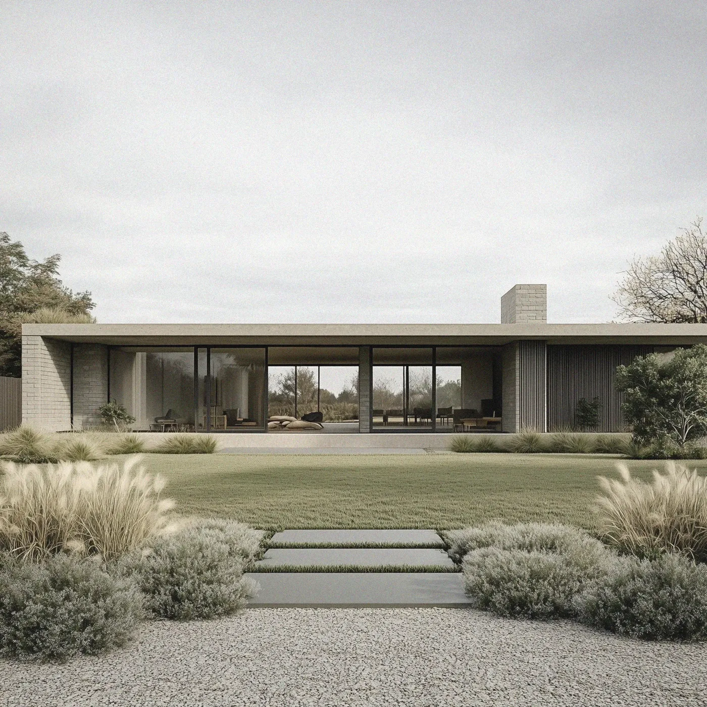 A Studio Sown landscape, native grasses stepping toward a low modern house