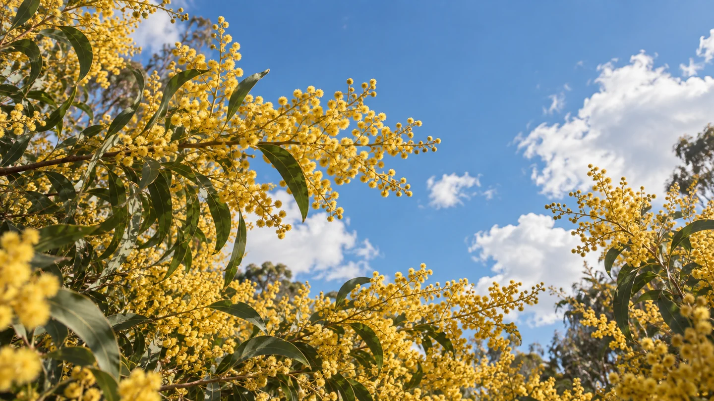 Golden wattle blossoms reaching into a blue sky with soft white clouds.
